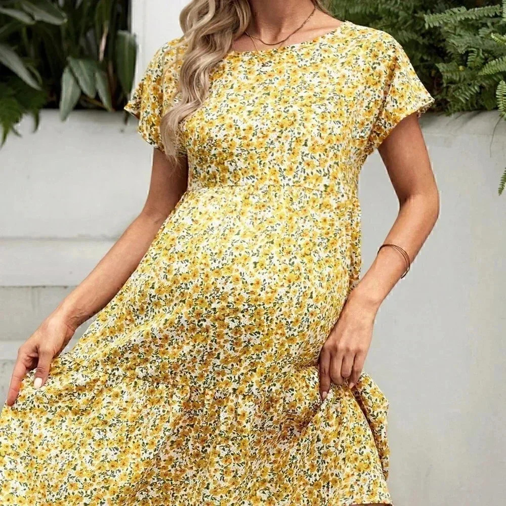 Yerllow Boho Womens Floral Print Ruffle Hem Dress - Picture 4 of 5